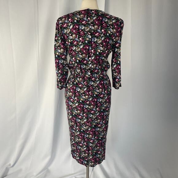 Vintage Midi Dress Size Medium Black Burgundy Floral Lace Cottage Garden 90s - Picture 7 of 16